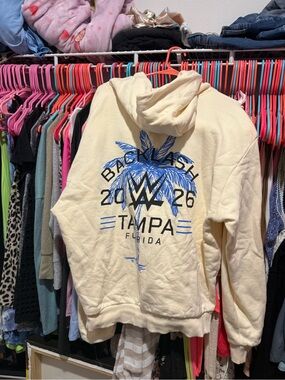 WWE Cream Backlash 2026 Tampa Hoodie with Blue Palm Graphic